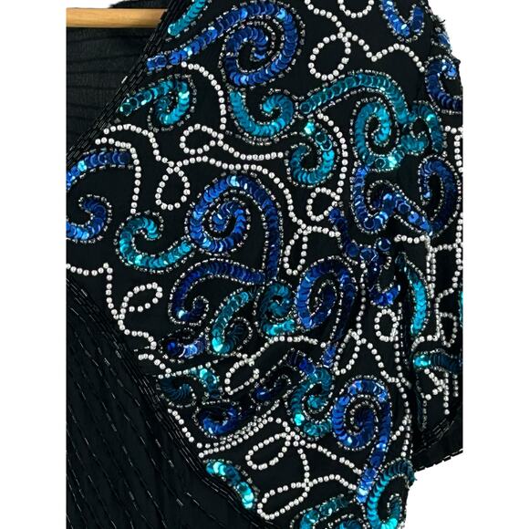 Stenay Silk Blue Sequin 80’s Black and Blue‎ Cocktail Dress Size 14 - Picture 10 of 12